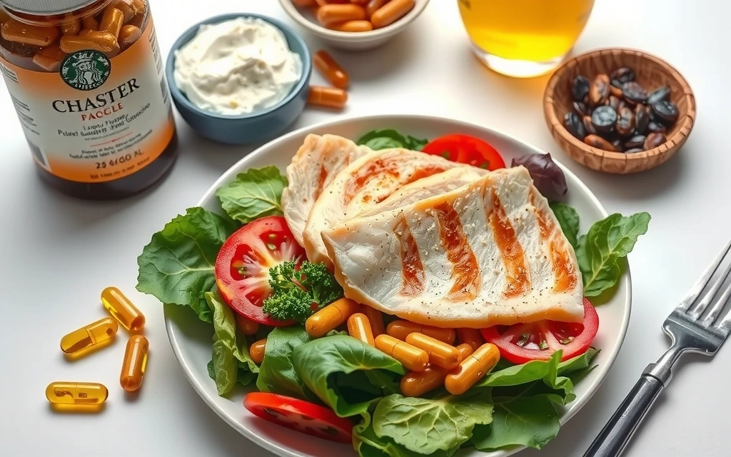Comida equilibrada con suplementos naturales en una mesa