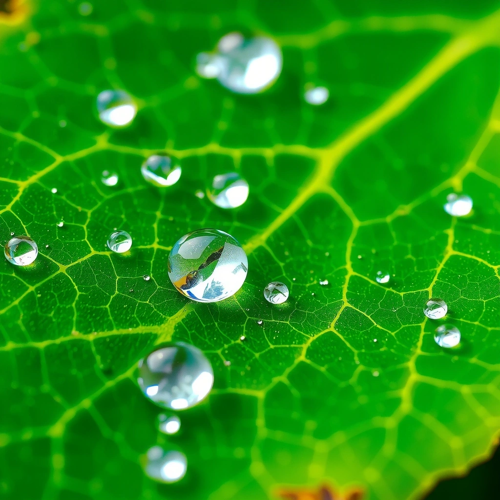 Hoja verde con gotas de rocío