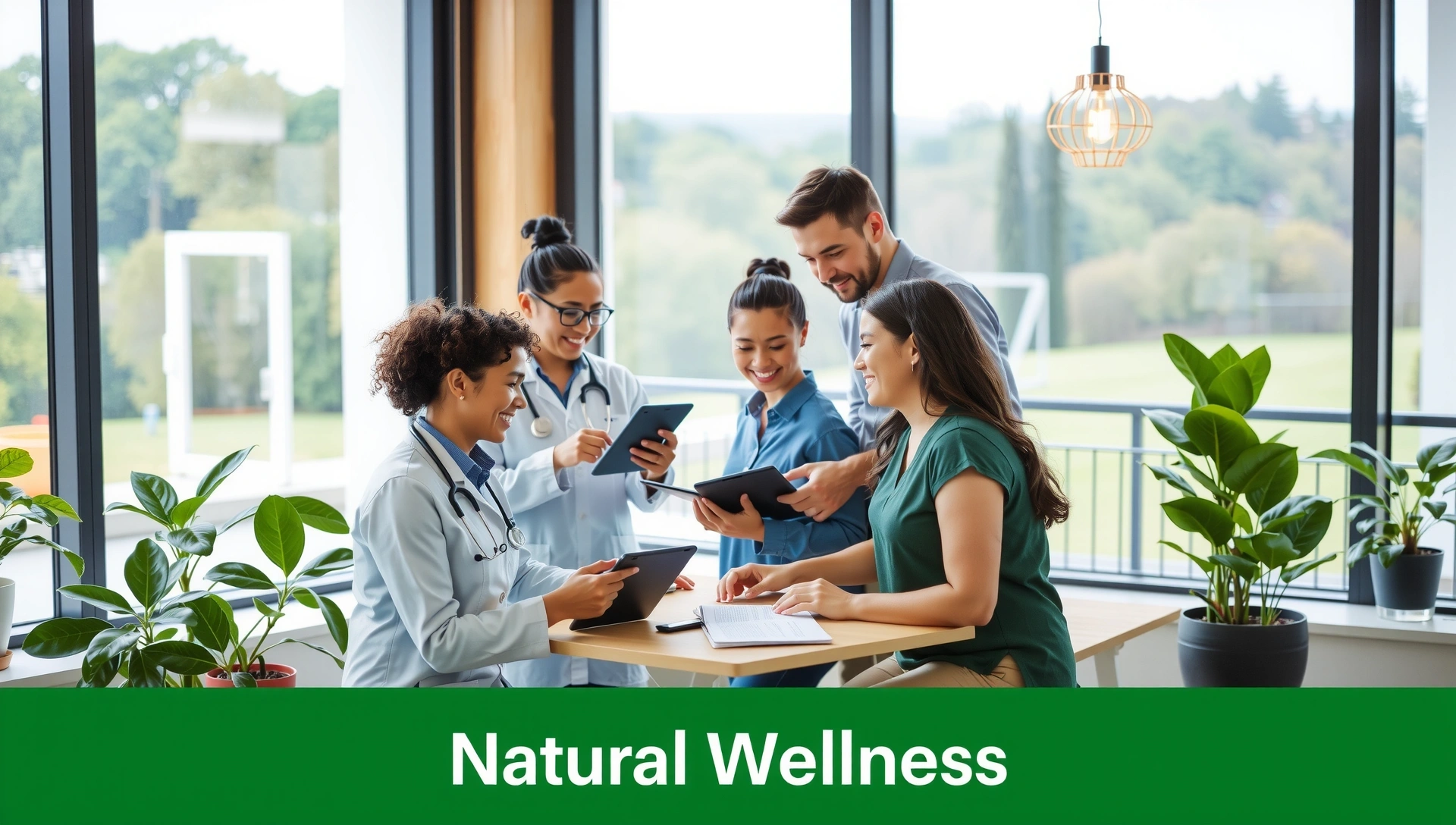 Equipo de Saludmalagalariosa colaborando en una oficina moderna y luminosa con elementos naturales